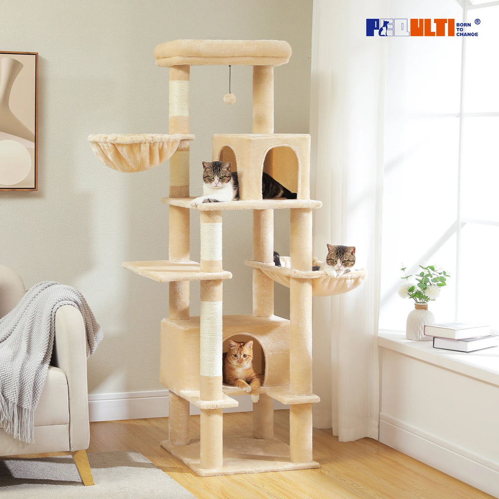 Arbre à chat pour chats adultes d’intérieur – Tour avec griffoirs en sisal, grand hamac en métal et 2 niches spacieuses