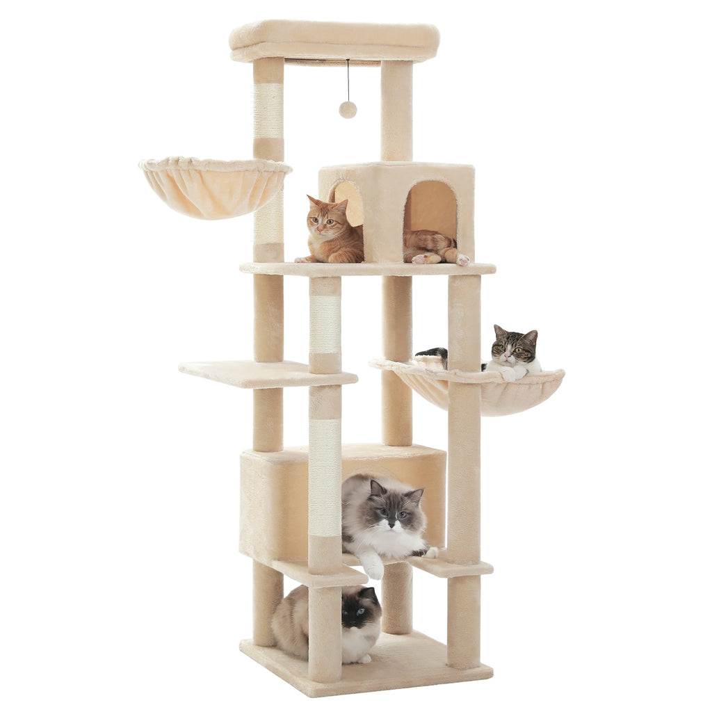Arbre à chat pour chats adultes d’intérieur – Tour avec griffoirs en sisal, grand hamac en métal et 2 niches spacieuses