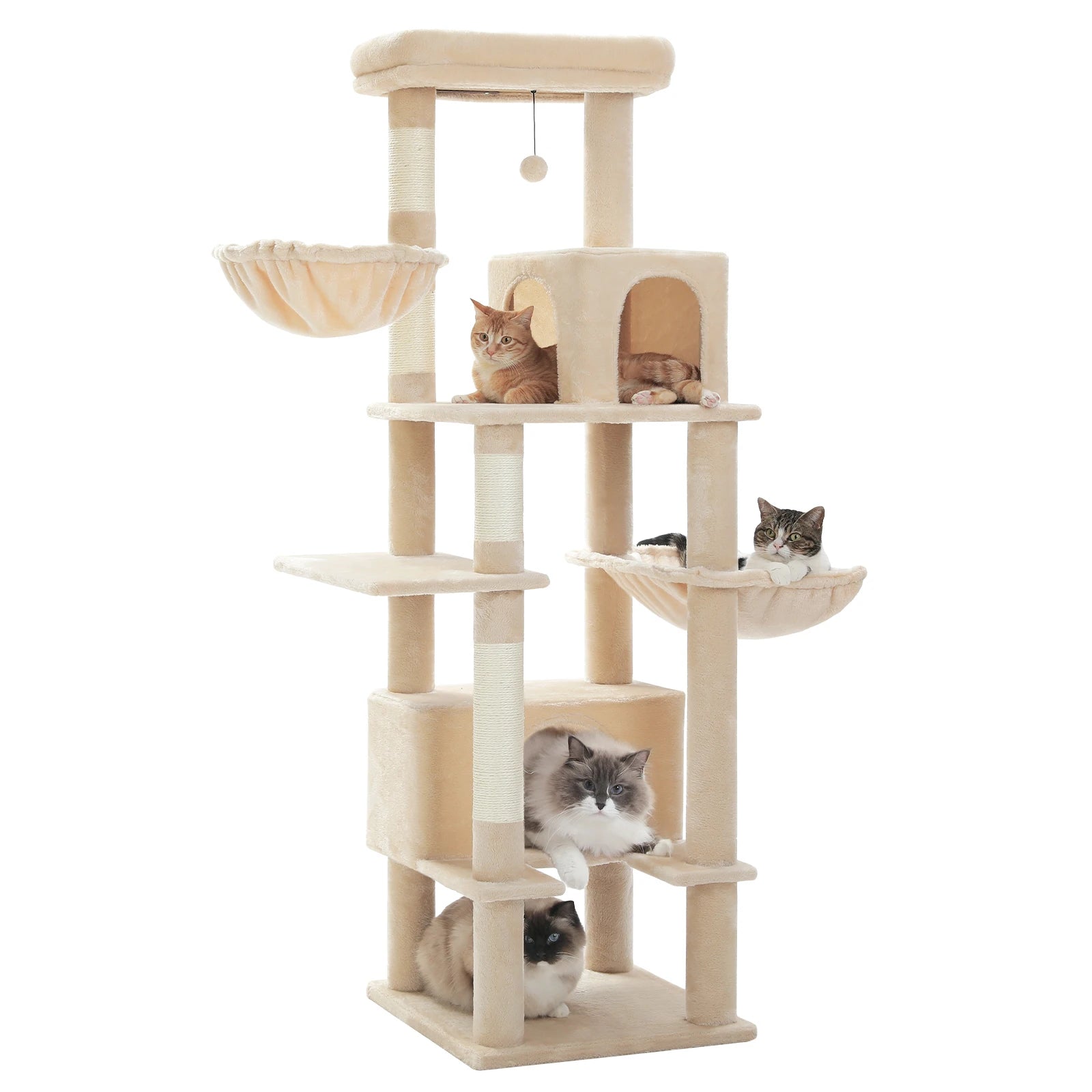 Arbre à chat pour chats adultes d’intérieur – Tour avec griffoirs en sisal, grand hamac en métal et 2 niches spacieuses