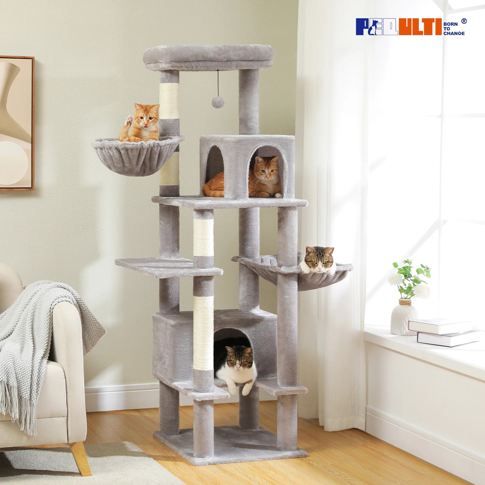 Arbre à chat pour chats adultes d’intérieur – Tour avec griffoirs en sisal, grand hamac en métal et 2 niches spacieuses
