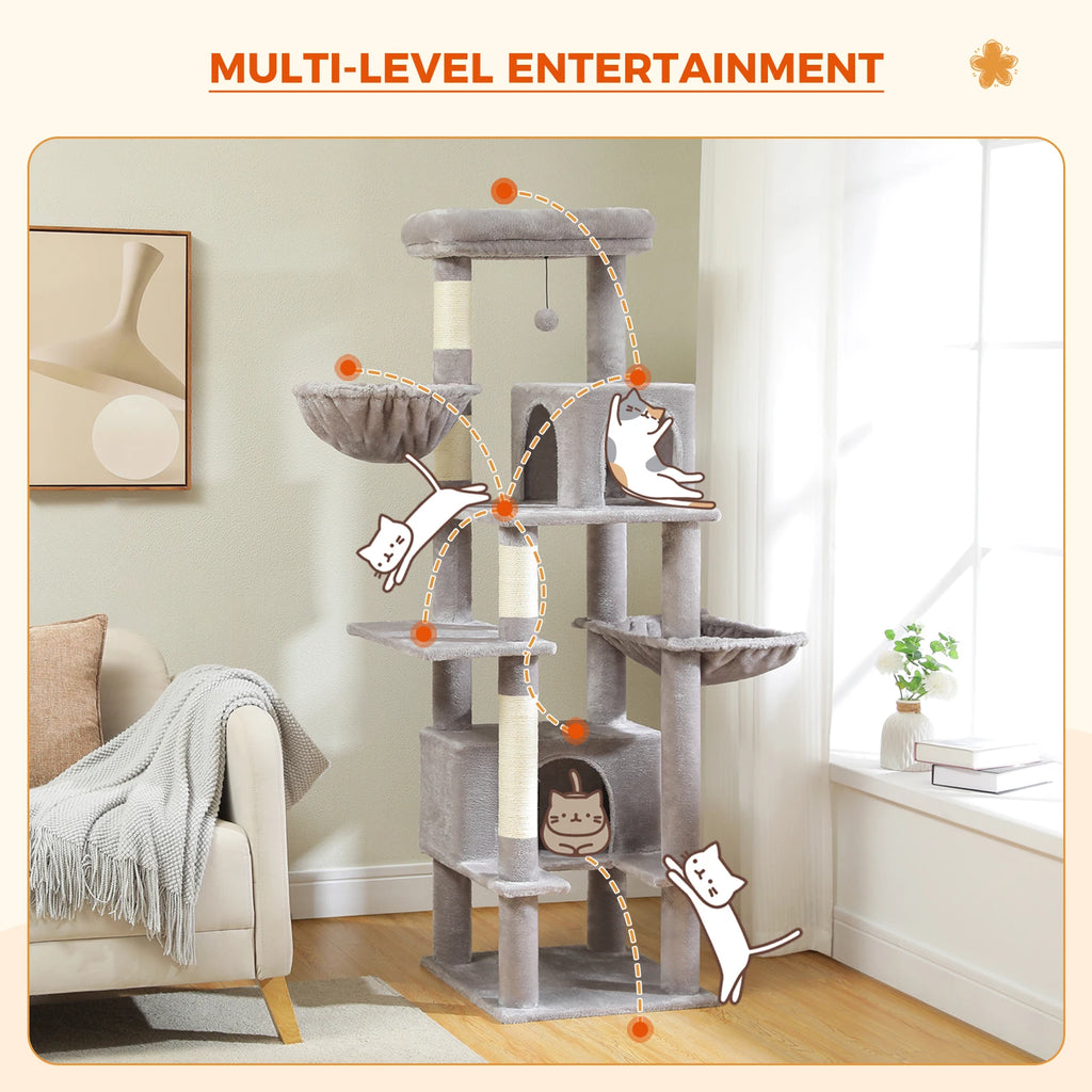 Arbre à chat pour chats adultes d’intérieur – Tour avec griffoirs en sisal, grand hamac en métal et 2 niches spacieuses