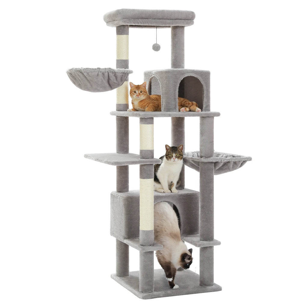Arbre à chat pour chats adultes d’intérieur – Tour avec griffoirs en sisal, grand hamac en métal et 2 niches spacieuses