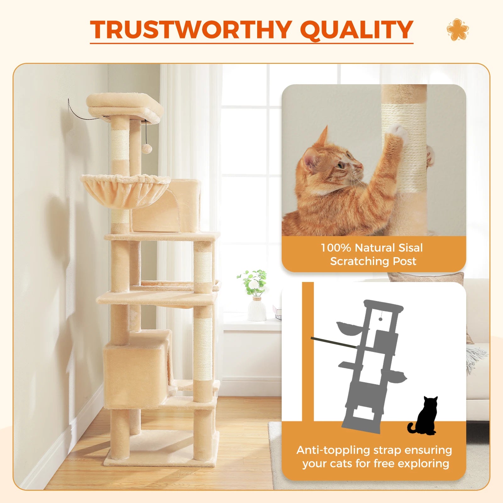 Arbre à chat pour chats adultes d’intérieur – Tour avec griffoirs en sisal, grand hamac en métal et 2 niches spacieuses