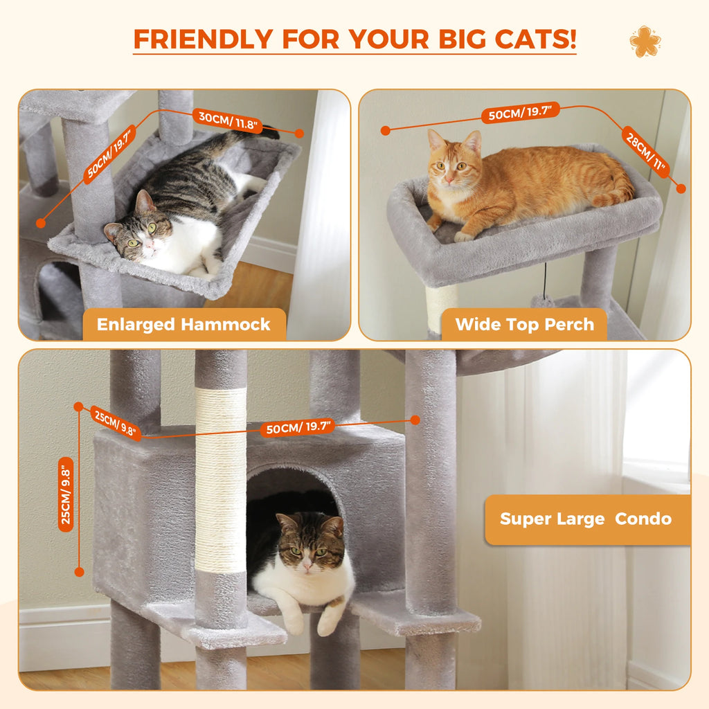Arbre à chat pour chats adultes d’intérieur – Tour avec griffoirs en sisal, grand hamac en métal et 2 niches spacieuses