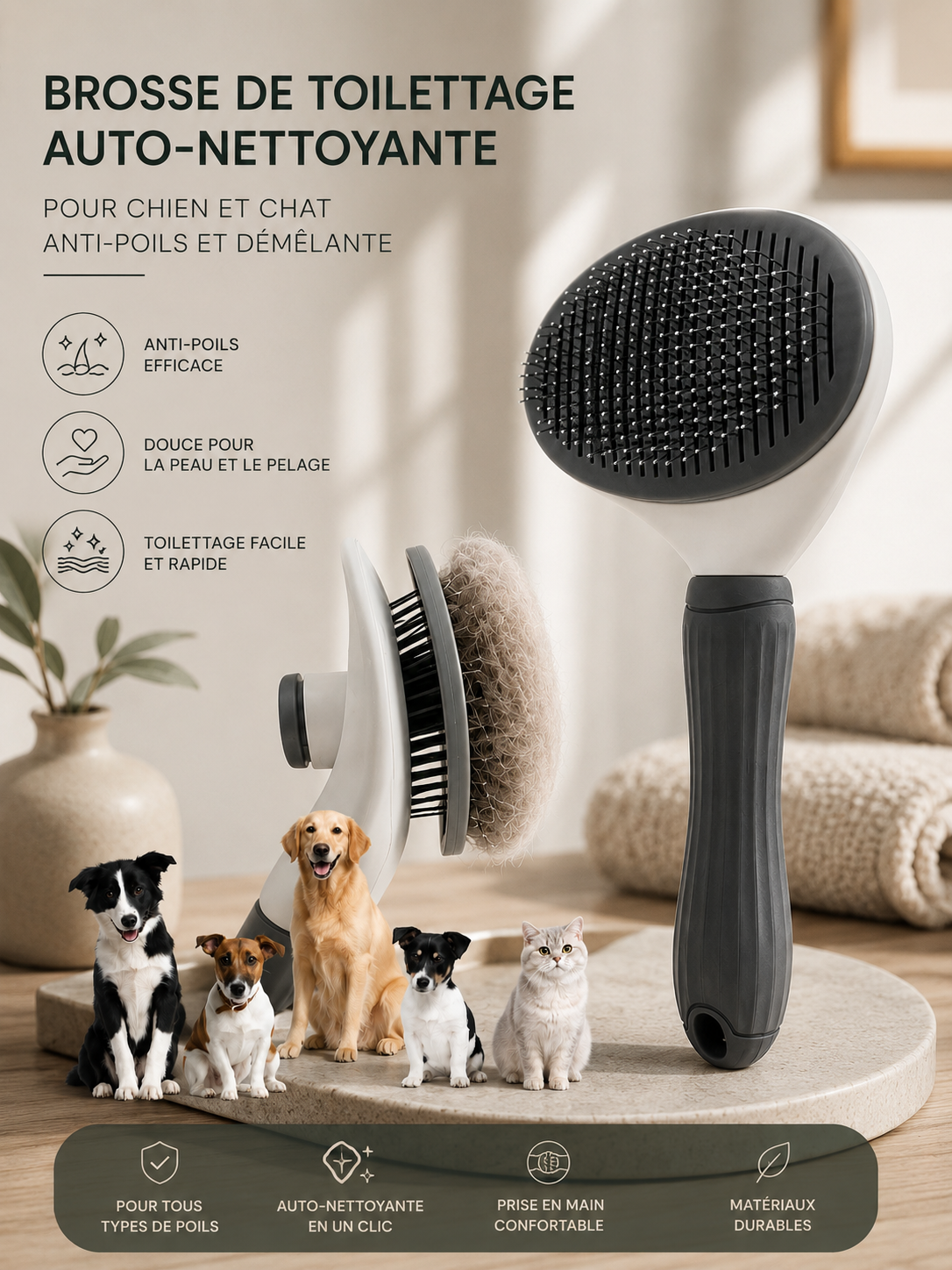 Brosse de toilettage auto-nettoyante pour chien et chat – anti-poils et démêlante